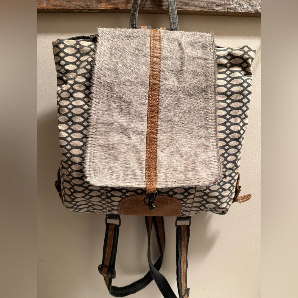 Myra Bag Western Backpack Upcycled Leather Canvas Cowhide Flap Hair Boho NWOT